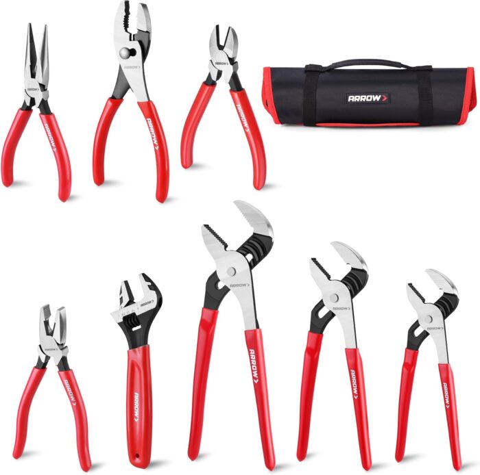 ARROW 8PCS Pliers & Wrench Set, 6″ Needle Nose Pliers, 6″ Diagonal, 7″ Linesman, 8″ Slip Joint, 8″ & 10″ & 12″ Groove Joint and CRV 8″ Adjustable Wrench, Portable Rolling Bag With Handle