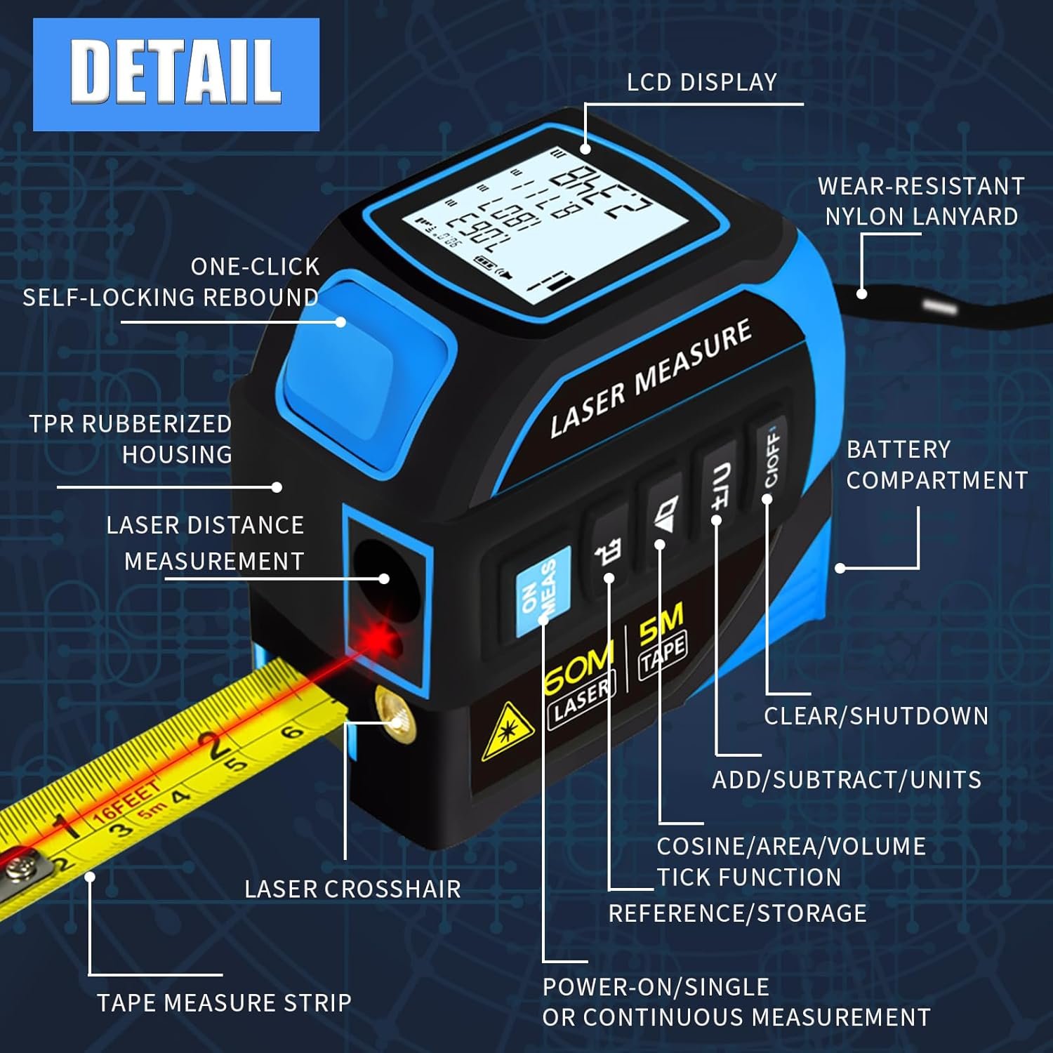 4 in 1 Laser Tape Measure, 197FT Digital Laser Distance Meter 16FT Tape, Crosshairs/Biaxial Electronic Angle, with Area & Volume & Pythagorean Measurement, M/in/FT​ Unit LCD Display (Blue)