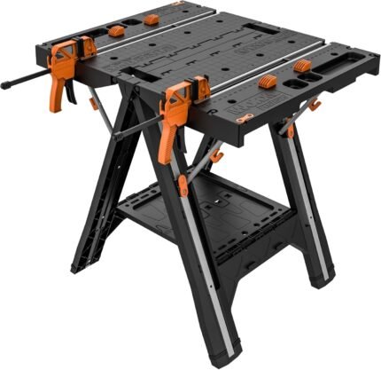 Worx Pegasus 2-in-1 Folding Work Table & Sawhorse, Easy Setup Portable Workbench, 31″ W x 25″ D x 32″ H Lightweight Worktable with Heavy-Duty Load Capacity, WX051 – Includes 2 Clamps & 4 Clamp Dogs