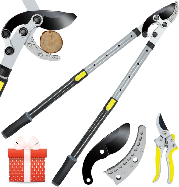 JARDINEER 3PCS Extendable Anvil Loppers for Tree Trimming Heavy Duty, 28-38.5″ Branch Cutter with 2 Inch Cutting Capacity, Include Garden Tree Loppers, Pruning Shear and SK5 Spare Blade
