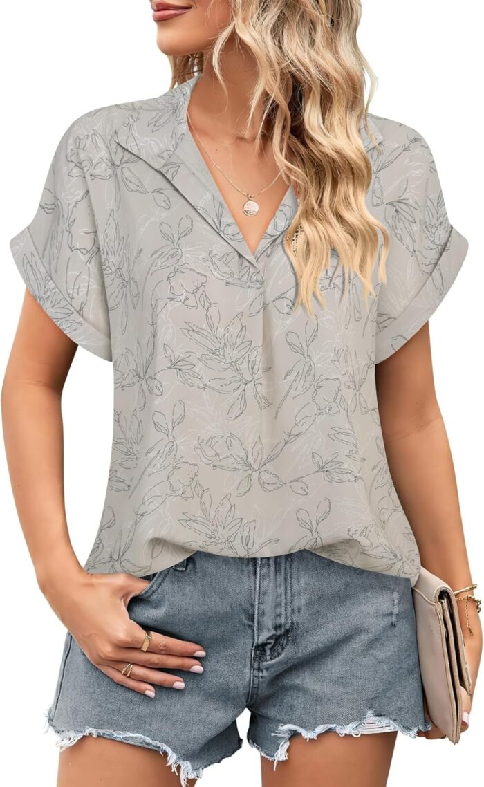 Timeson Women's Short Sleeve Chiffon Blouses for Office Work Business Attire Collared Shirts - Image 81