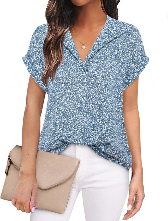 Timeson Women's Short Sleeve Chiffon Blouses for Office Work Business Attire Collared Shirts - Image 38