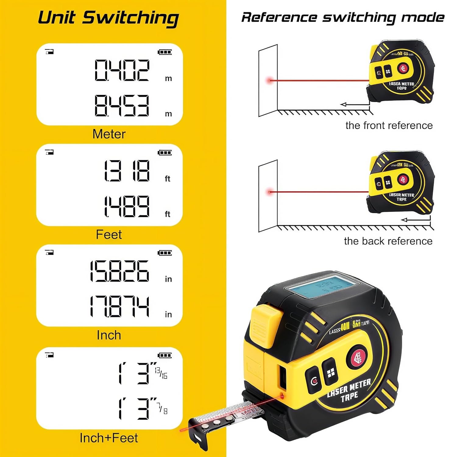 Digital Laser Tape Measure,131ft Laser Distance & 16ft Tape Measure 2 in 1 Laser Measurement Tool, Area, Volume Laser Measure for Construction DIY Woodworker