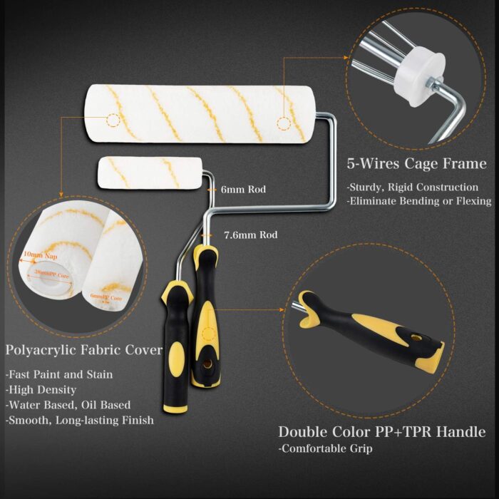 ETERNA Paint Roller Kit, 9 Pieces Paint Supplies for House Painting, with Metal Paint Tray&9 inch+4 inch Paint Rollers&Cover&Frame&Brush, Perfect for Wall Decorating Home DIY Improvement - Image 4