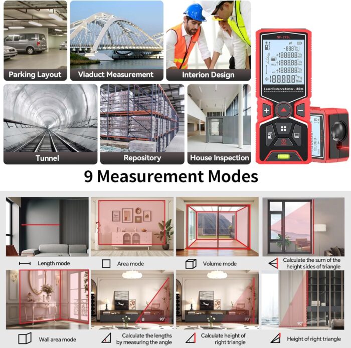 Laser Measuring Tool, 80m/262ft Rechargeable Laser Measure Built-in Level Bubble, Digital Laser Distance Meter Square Footage Laser Measurement Device with Backlit LCD, 99 Records - Image 5