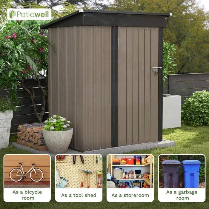 Patiowell 5x3 FT Outdoor Storage Shed, Tool Shed with Sloping Roof and Lockable Door, Metal Shed for Backyard Garden Patio Lawn, Brown - Image 2