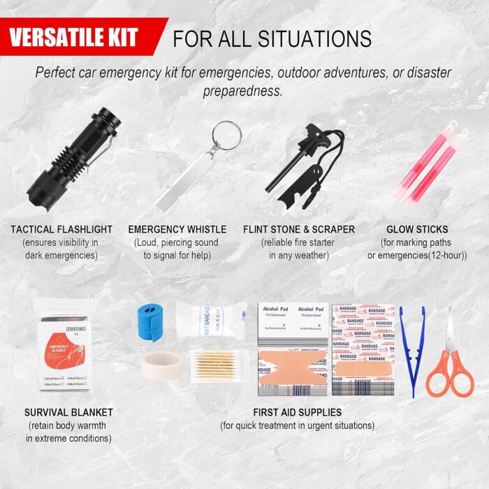 146Pcs Survival First Aid Kit, Car Emergency Trauma Kit with Military Grade Survival Tools, Medical Supplies & Fishing Gear, for Camping, Travel, Earthquake, Gifts for Men & Women Outdoor Adventures - Image 7
