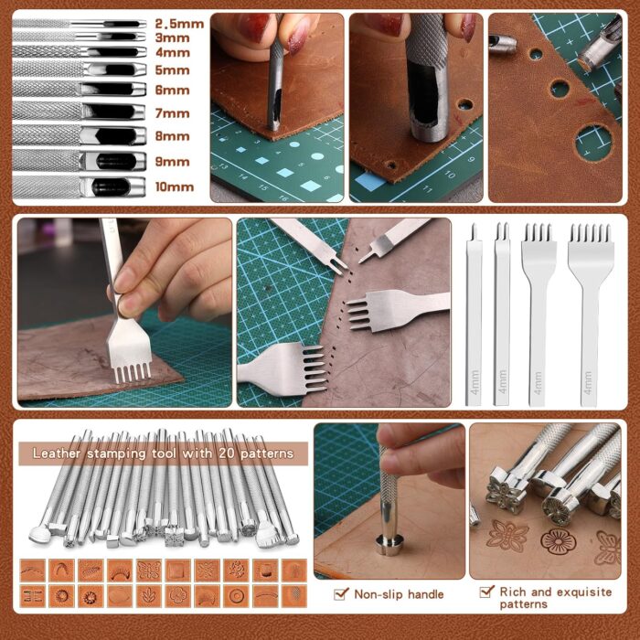TLKKUE Leather Tooling Kit Leather Craft Tools Leatherworking Kit with Custom Handbag Cutting Mats Engraving Punching Sewing Stamping Sanding Tools for Handicraft Work Professional - Image 6