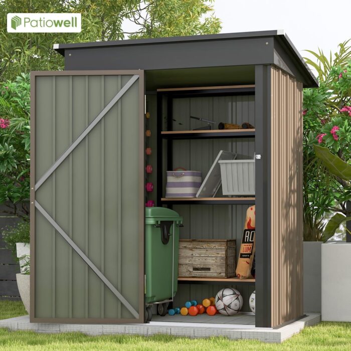 Patiowell 5x3 FT Outdoor Storage Shed, Tool Shed with Sloping Roof and Lockable Door, Metal Shed for Backyard Garden Patio Lawn, Brown - Image 3