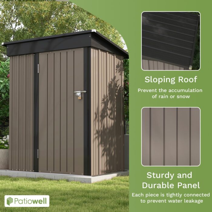 Patiowell 5x3 FT Outdoor Storage Shed, Tool Shed with Sloping Roof and Lockable Door, Metal Shed for Backyard Garden Patio Lawn, Brown - Image 4