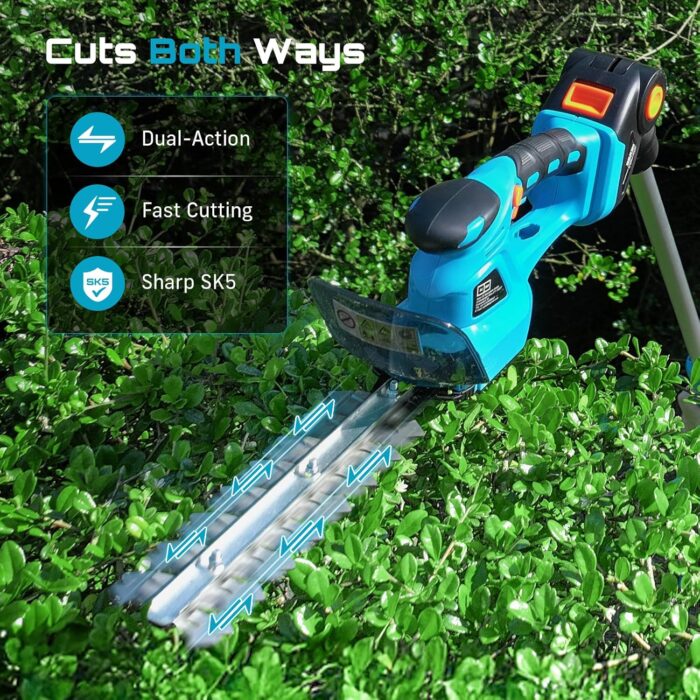 SEESII Brushless Pole Hedge Trimmers: 2-in-1 Cordless Grass Shears & 6" Electric Bush Trimmer for Yard - Telescoping Pole, Dual 2.0 Ah Batteries, Handheld Grass Cutter for Tree & Shrubs Lawn Pruning - Image 8
