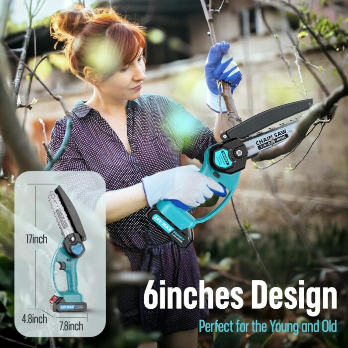 Mini Chainsaw Cordless, 6Inch Portable Small Chain Saw Battery Powered, Handheld Chainsaws with 2 * 24V 2.0MAH Powered Rechargeable Battery for Tree/Wood Cutting Trimming Craftsman Gardening Pruning - Image 5