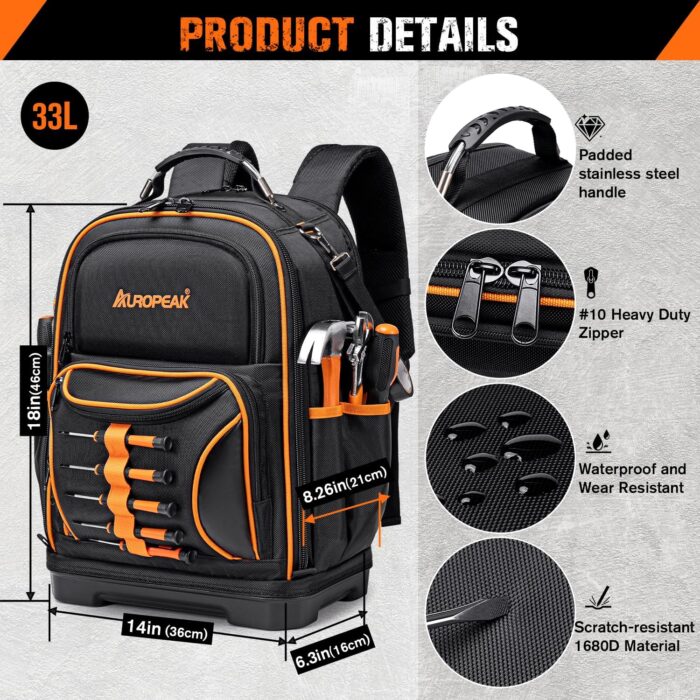 73 Pockets Tool Backpack Heavy Duty for Men Women, Hvac Tool Backpack, Tool Bag Backpack with Laptop Compartment, Waterproof Molded Base, 1680D, Durable Multi-Use Pocket for Electrician Construction - Image 2