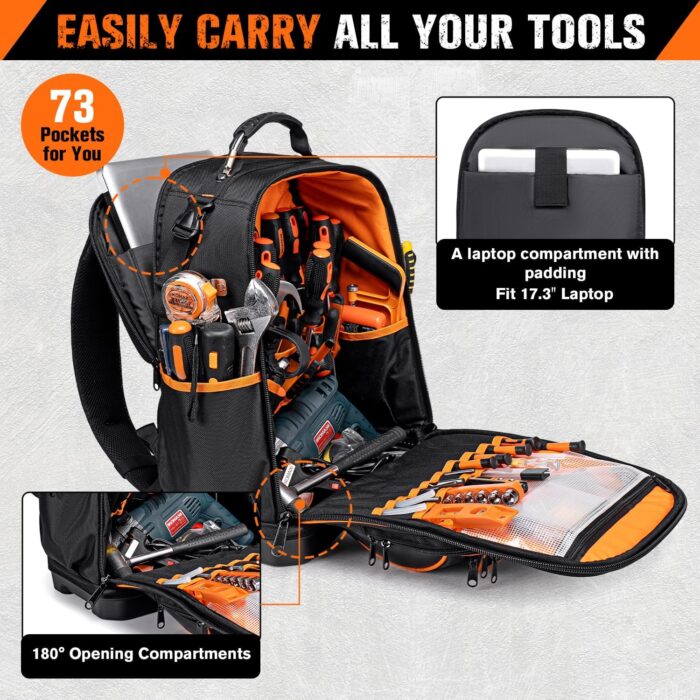 73 Pockets Tool Backpack Heavy Duty for Men Women, Hvac Tool Backpack, Tool Bag Backpack with Laptop Compartment, Waterproof Molded Base, 1680D, Durable Multi-Use Pocket for Electrician Construction - Image 3