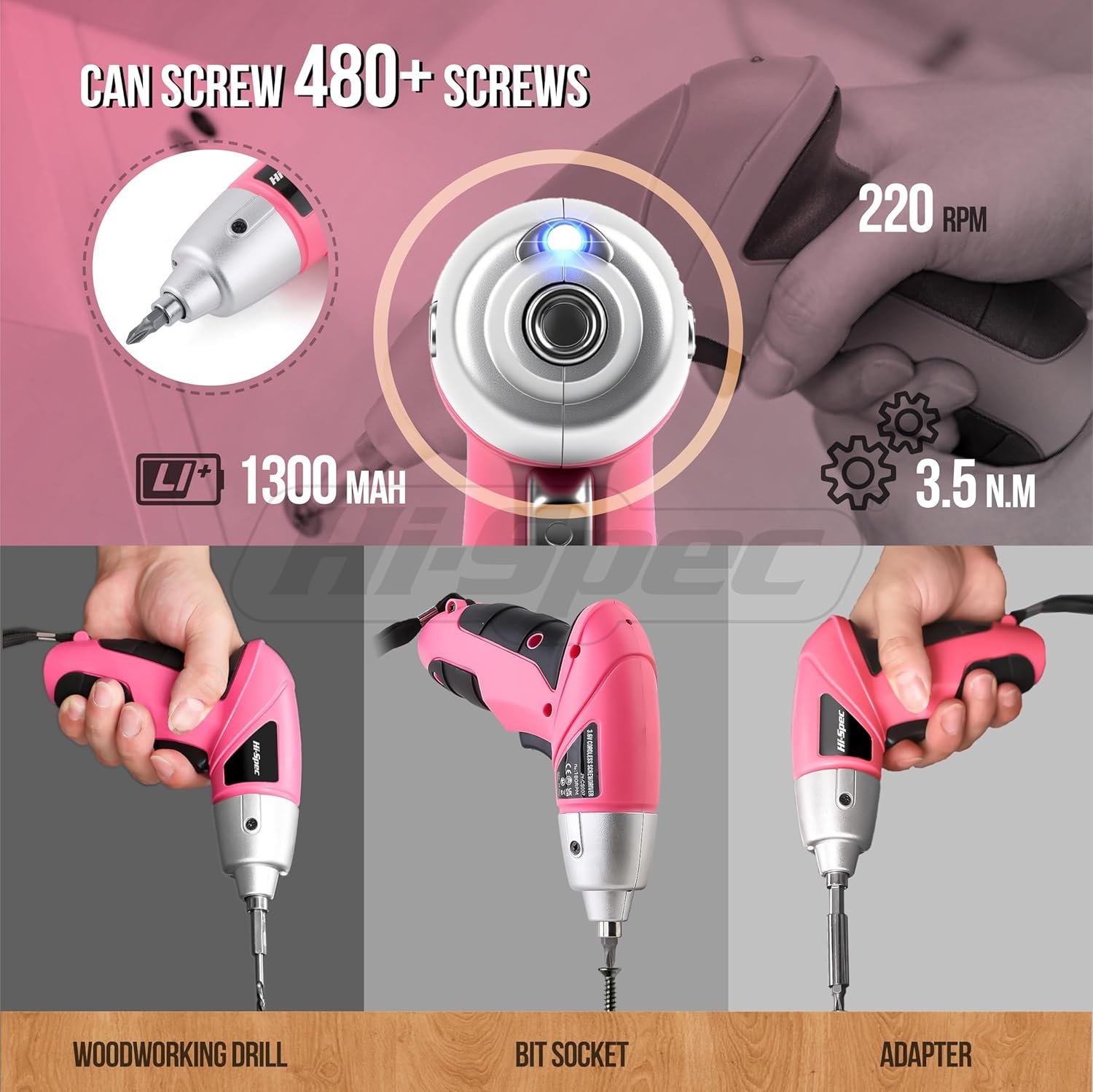 Hi-Spec Electric Screwdriver 27pc Pink USB Small Power