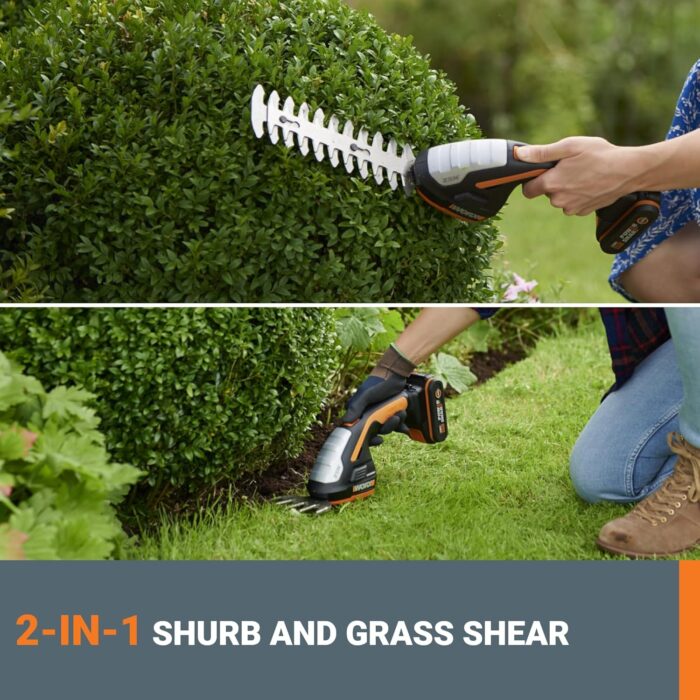 WORX WG801 20V 2 in 1 Cordless Hedge Trimmer, 4" Grass Shear & 8" Shrub Trimmer with 2 Blades, Battery & Charger Included - Image 2