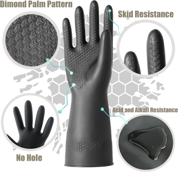 Chemical Resistant Latex Gloves,Cleaning Protective Safety Work Heavy Duty Rubber Gloves, S-M-L-XL Size, Black 1 Pair - Image 4