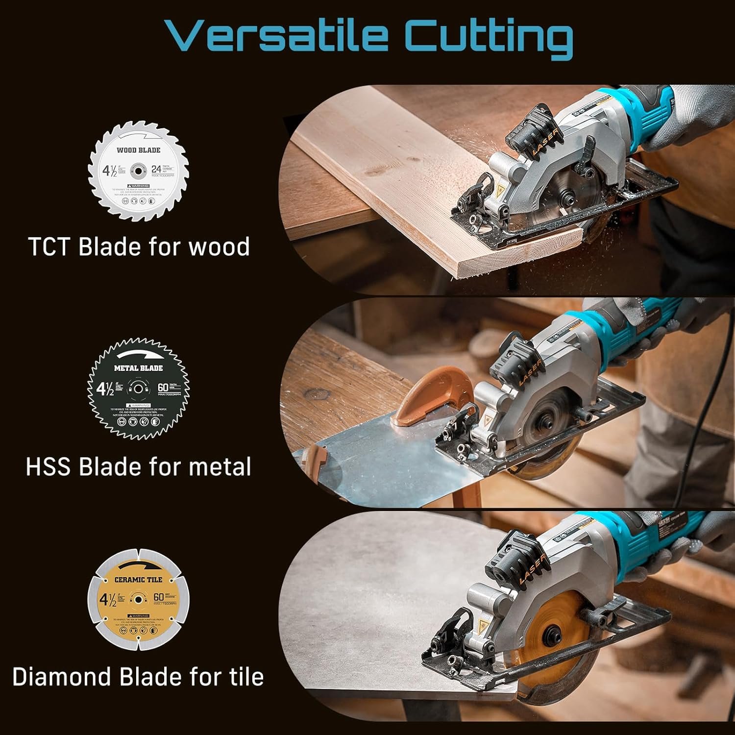 Seesii Mini Circular Saw with Laser Guide,4.8A 4000 RPM Compact Corded Circular Saw with Rip Guide,3 Blades (4-1/2″) for Wood,Soft Metal,Tile,Plastic Cutting,Max Cut Depth 1-11/16″(90°),1-1/8″ (45°)