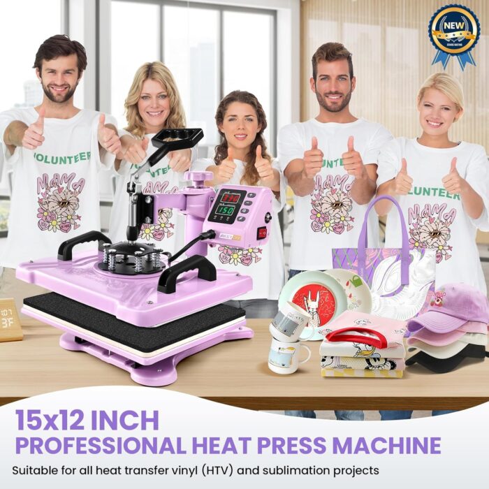 AKEYDIY 5 in 1 Heat Press Machine for t Shirts Professional Swing Away Heat Press Digital Combo 12" x 15" 360-degree Rotation Shirt Press Machine Sublimation (5 in 1 Heat Press Pink) - Image 6