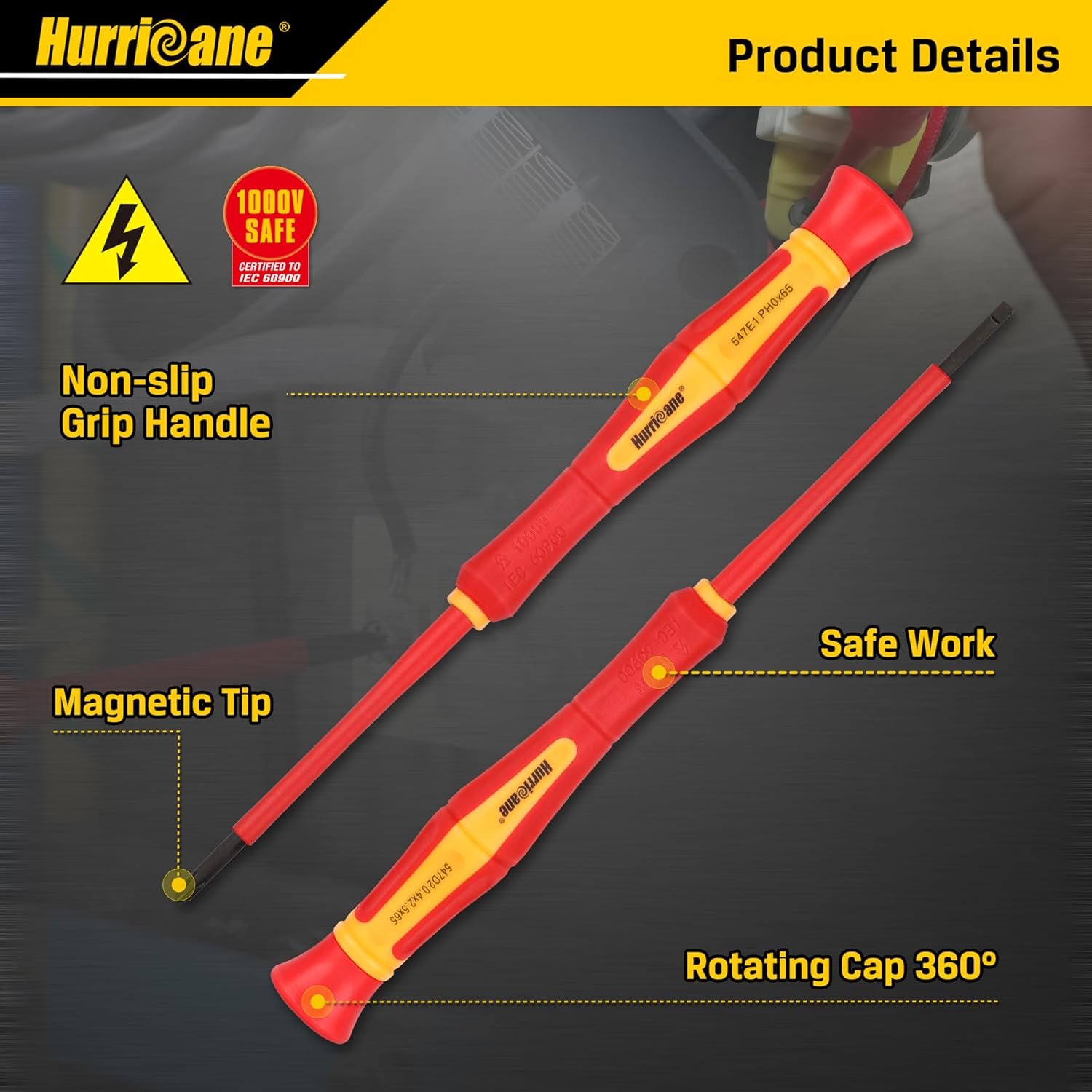 HURRICANE 1000V Precision Insulated Screwdriver Set, 6 Piece Insulated Electrician Screwdriver Set with Magnetic Tips for Electrical Repairs. Slotted(1.8mm, 2.0mm, 2.5mm, 3.0mm), Phillips(PH00, PH0)
