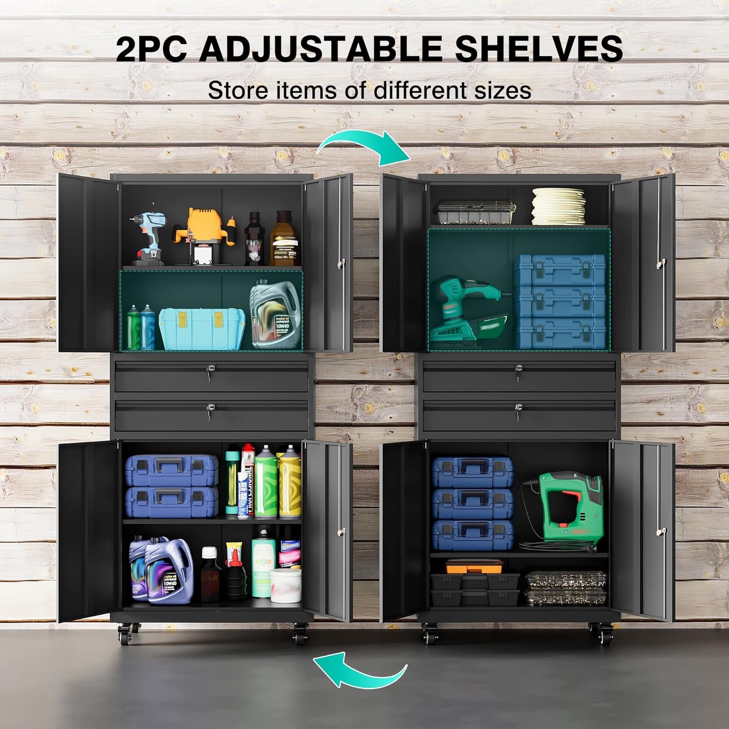 Metal Storage Cabinet with Wheels and Drawers,Rolling Garage Storage Cabinet with Locking Doors and Adjustable Shelves,73″ Mobile Tall Large Metal Tool Cabinets with Locks for Home,Office,Garage