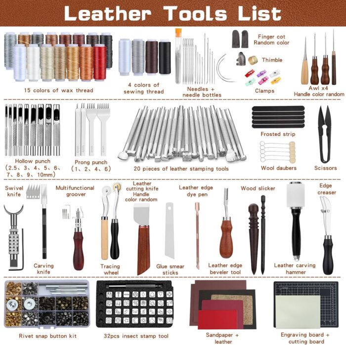 TLKKUE Leather Tooling Kit Leather Craft Tools Leatherworking Kit with Custom Handbag Cutting Mats Engraving Punching Sewing Stamping Sanding Tools for Handicraft Work Professional - Image 2