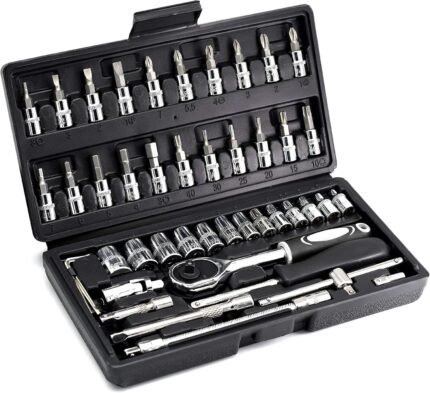 YUFANYA 46PCS 1/4 inch Drive Socket Set,Metric Ratchet Wrench Set with 4-14mm CR-V Sockets,S2 Bits,Extension Bars,Mechanic Tool Kits for Household Auto Repair