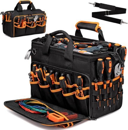 17-Inch Electrician Tool Bags for Men, 46-Pocket Heavy Duty Tool Bag, Foldable Hvac Tool Bag Organizer with Wide Mouth & Adjustable Shoulder Strap for Electricians Mechanics Craftsman Contractor