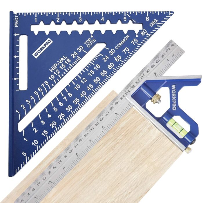 WORKPRO Aluminum Alloy Carpenter Square and Zinc-Alloy Square Ruler Set – 7 in. Rafter Layout Tool and 12 in. Combination Square Combo