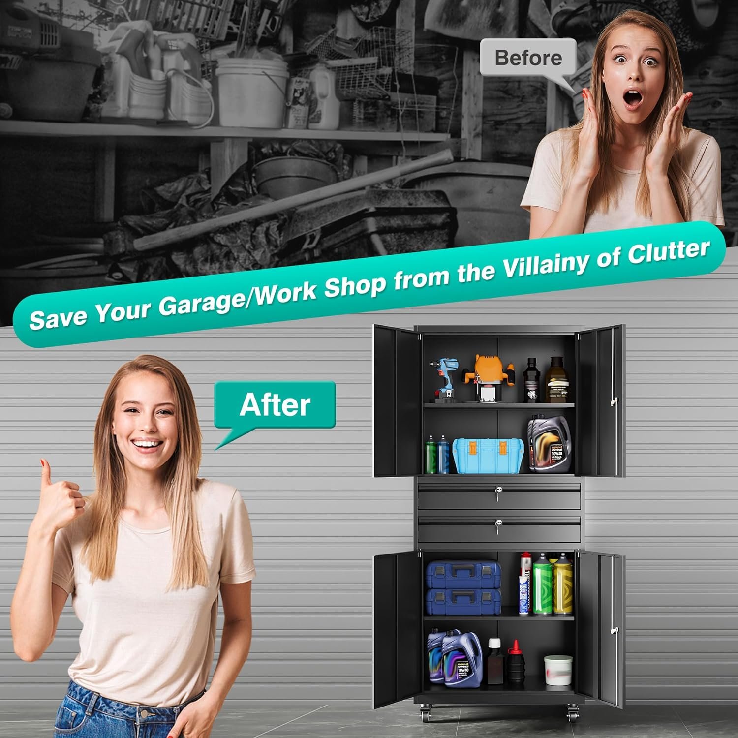 Metal Storage Cabinet with Wheels and Drawers,Rolling Garage Storage Cabinet with Locking Doors and Adjustable Shelves,73″ Mobile Tall Large Metal Tool Cabinets with Locks for Home,Office,Garage