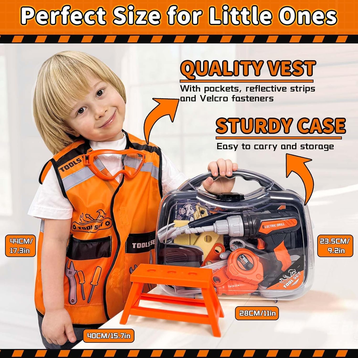 KidBloom Toddler Tool Set, Kids Tool Set with Toy Drill, Tools for Kids with Tool Box and Vest, Toys for 3 Year Old Boys