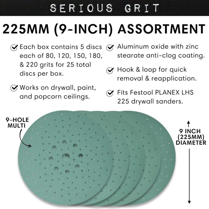 225mm 9-Hole Drywall Sanding Discs - 80, 120, 150, 180, 220 Grit (5 Each) - Fits Festool Planex LHS 225 Sanders - Heavy-Duty Hook & Loop Film Abrasives - Dust-Free Multi-Hole - 25 Pack - Image 3