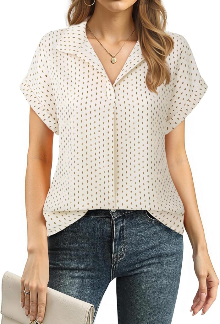 Timeson Women's Short Sleeve Chiffon Blouses for Office Work Business Attire Collared Shirts - Image 30