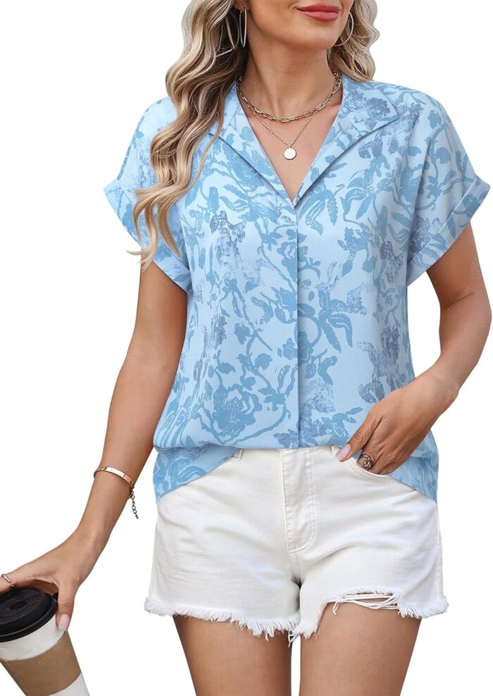 Timeson Women's Short Sleeve Chiffon Blouses for Office Work Business Attire Collared Shirts - Image 64
