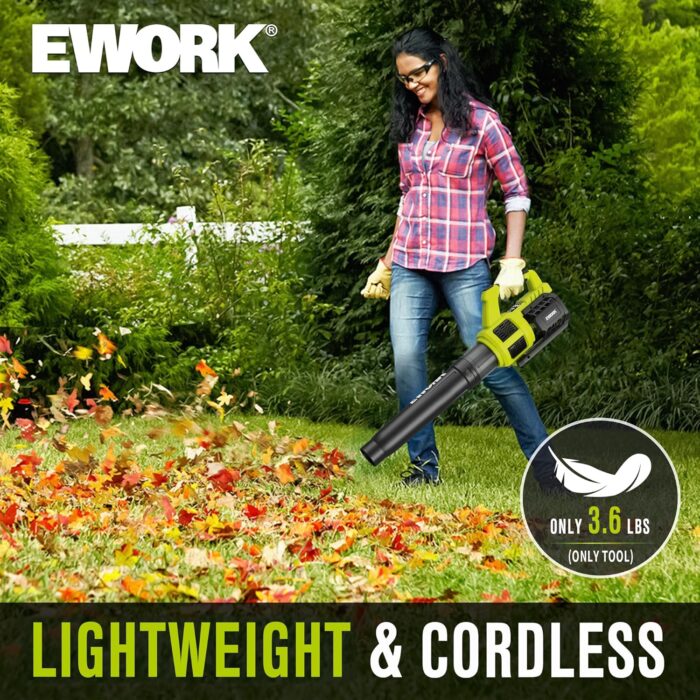 EWORK 21V Cordless Leaf Blower, Powerful Turbo Mode & 550 CFM, 2×3.0Ah Batteries & Fast Charger, Lightweight Electric Leaf Blowers for Lawn Care, Patio, Leaves & Dust - Image 5