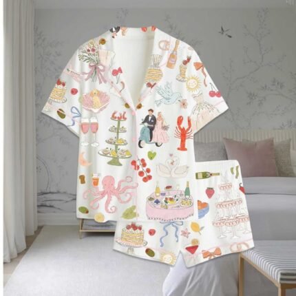 Whimsical Hand Drawn Watercolor Wedding Dolce Vita Summer Satin Pajama Set