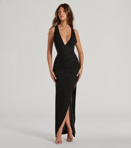 Olivia V-Neck Strappy Column Glitter Formal Dress