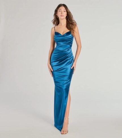 Jane Cowl Neck Slit Satin Formal Column Dress