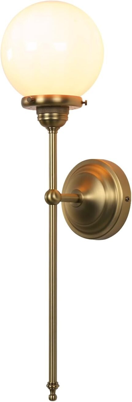 Industrial Vintage Wall Sconce Lighting, Milky White Glass Globe Shade with Long Arm Antique Brass Wall Light, Indoor Up and Down Wall Mounted Lamp for Bedroom Kitchen Bathroom