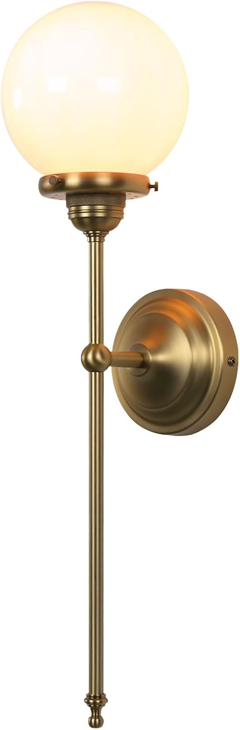 Industrial Vintage Wall Sconce Lighting, Milky White Glass Globe Shade with Long Arm Antique Brass Wall Light, Indoor Up and Down Wall Mounted Lamp for Bedroom Kitchen Bathroom