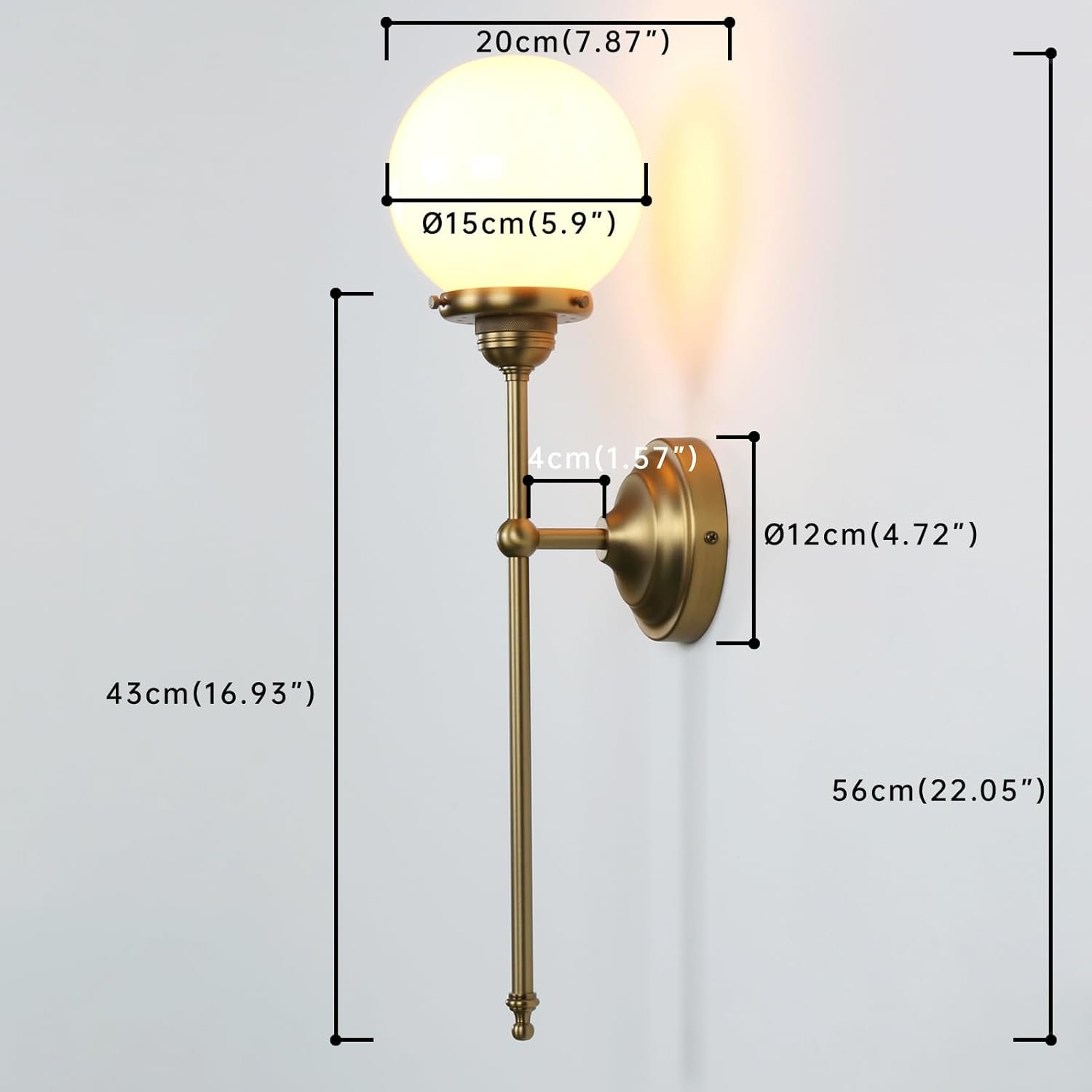 Industrial Vintage Wall Sconce Lighting, Milky White Glass Globe Shade with Long Arm Antique Brass Wall Light, Indoor Up and Down Wall Mounted Lamp for Bedroom Kitchen Bathroom