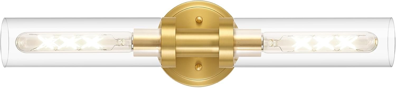 Brushed Gold Bathroom Vanity Light Fixture, 2-Light Modern Wall Sconce Lighting W/Clear Glass, Brass Wall Mount Lamp for Mirror Hallway Kitchen Living Room, E26 T10 Bulbs(Excluded)