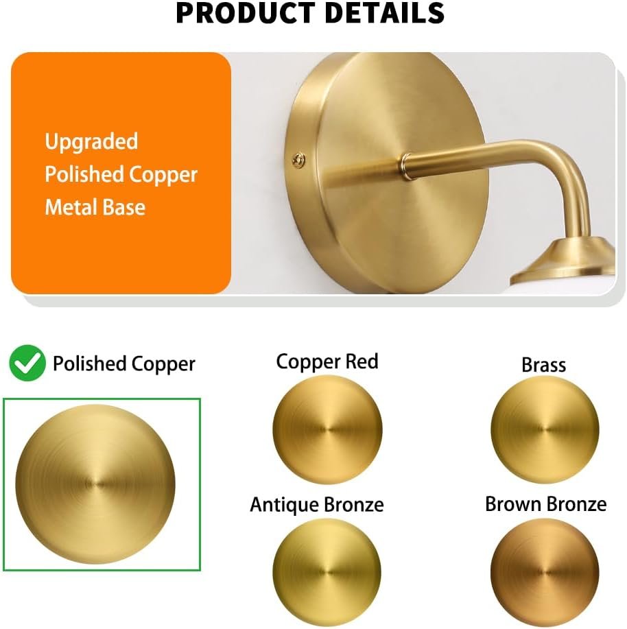 Modern Gold Plug in Wall Light, Wall Light Fixture with Amber Glass Shade, Elegant Brass Sconces Wall Decor Set of 2, Wall Sconce Light with Plug in Cord for Bedroom Hallway Reading