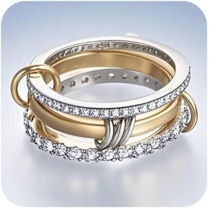 925 Sterling Silver & 18K Gold Plated Trio Interlocking Ring – Triple-Band Stackable Jewelry with 108 Pavé Zirconia, Dual-Tone Fashion Statement Ring Size 6