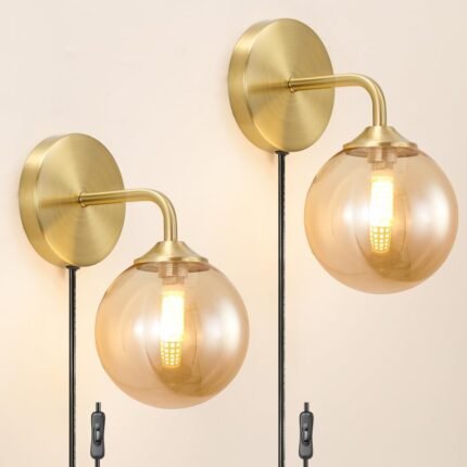 Modern Gold Plug in Wall Light, Wall Light Fixture with Amber Glass Shade, Elegant Brass Sconces Wall Decor Set of 2, Wall Sconce Light with Plug in Cord for Bedroom Hallway Reading