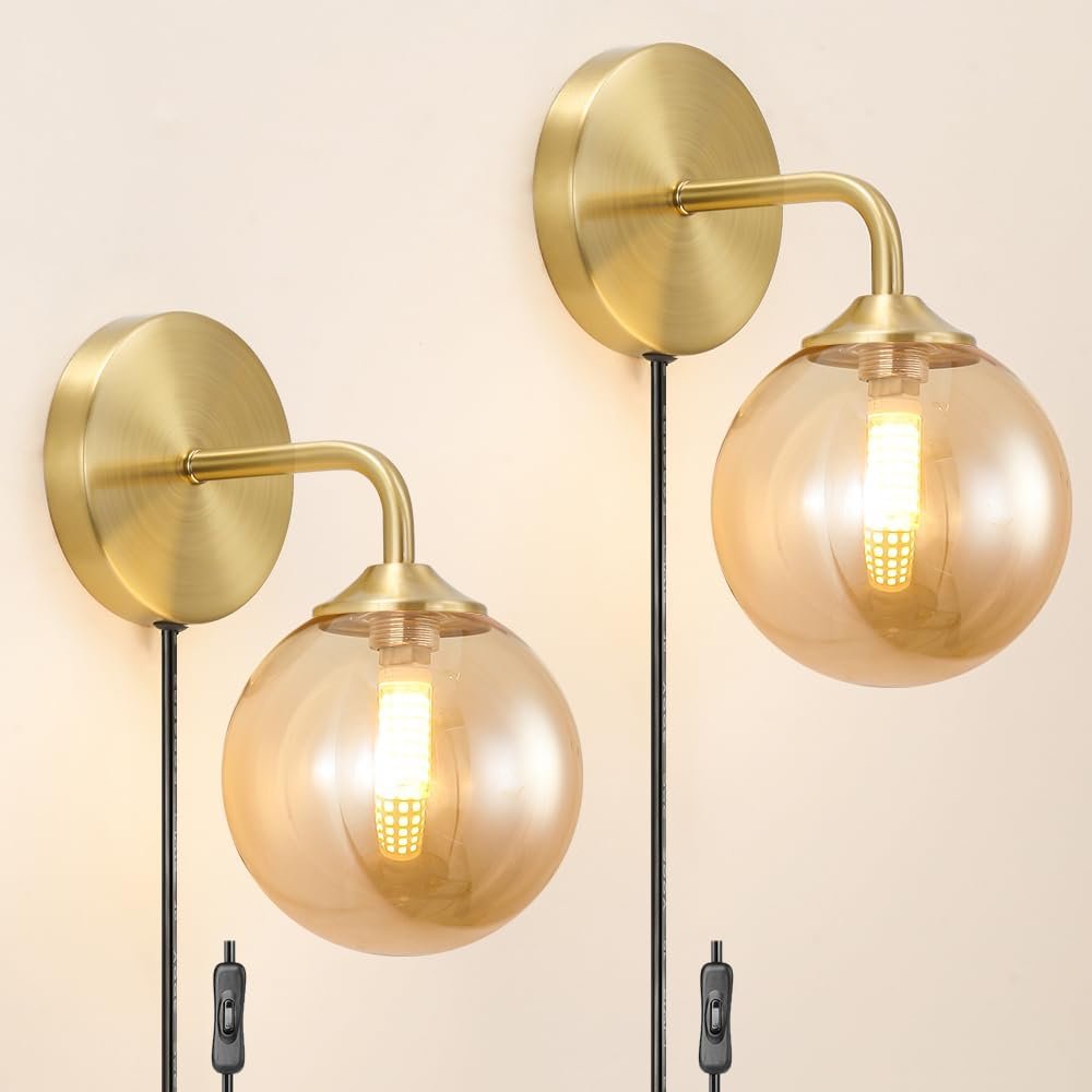Modern Gold Plug in Wall Light, Wall Light Fixture with Amber Glass Shade, Elegant Brass Sconces Wall Decor Set of 2, Wall Sconce Light with Plug in Cord for Bedroom Hallway Reading