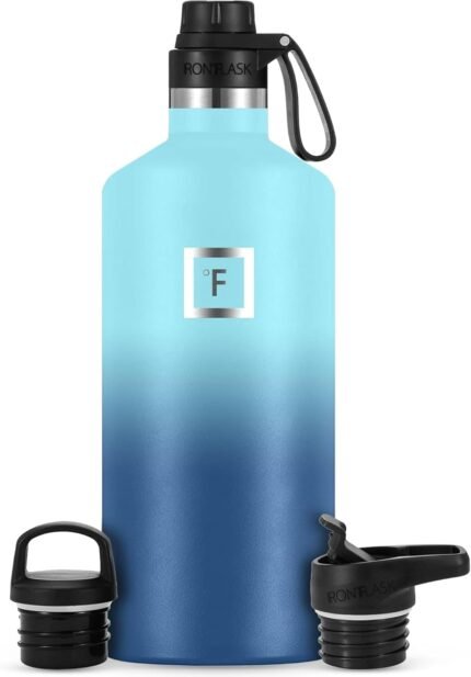 IRON °FLASK Camping & Hiking Hydration Canteens – 3 Lids (Narrow Spout Lid) Leak Proof Vacuum Insulated Stainless Steel – Hot & Cold Double Walled Sports Water Bottle – Blue Waves, 64 Oz