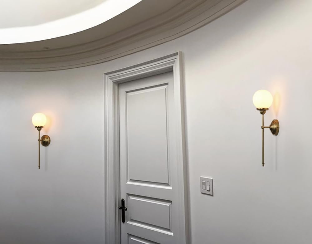 Industrial Vintage Wall Sconce Lighting, Milky White Glass Globe Shade with Long Arm Antique Brass Wall Light, Indoor Up and Down Wall Mounted Lamp for Bedroom Kitchen Bathroom