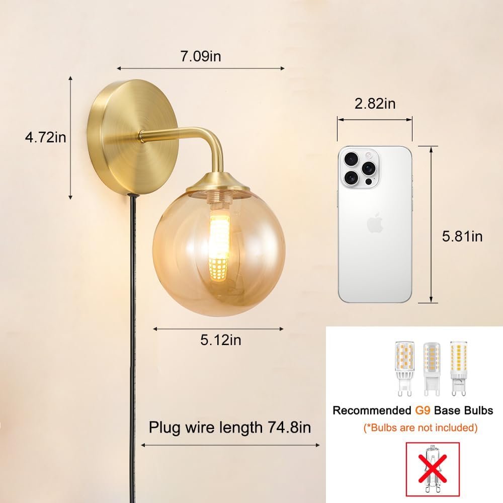 Modern Gold Plug in Wall Light, Wall Light Fixture with Amber Glass Shade, Elegant Brass Sconces Wall Decor Set of 2, Wall Sconce Light with Plug in Cord for Bedroom Hallway Reading