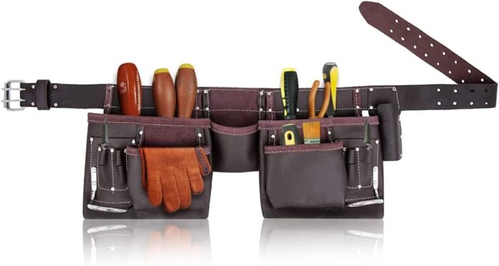 Leather Tool Belt Pouch Bag, Comfort Back Support Tool Pouches with Suspenders for Construction,Framers,Carpenter,Handyman (Black, Extra Large)30″ waist size up to 56″ (12 POCKET BROWN)